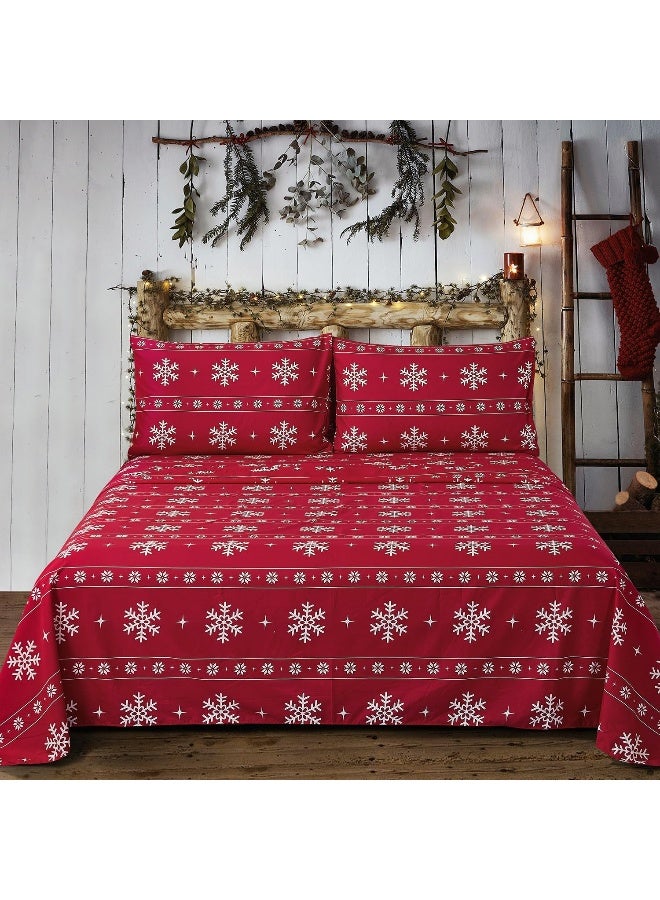 Vaulia Soft Microfiber Sheets, Print Snowflake Pattern Christmas Holidays, 4-Piece Set (1 Fitted Sheet 1 Flat Sheet 2 Pillowcases) Red/White Snowflake, Queen - Image 3